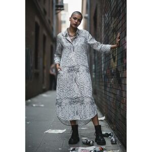 THRILL‎ JEANS Shirt Dress Womens Size L Black & White Script Print Button grunge